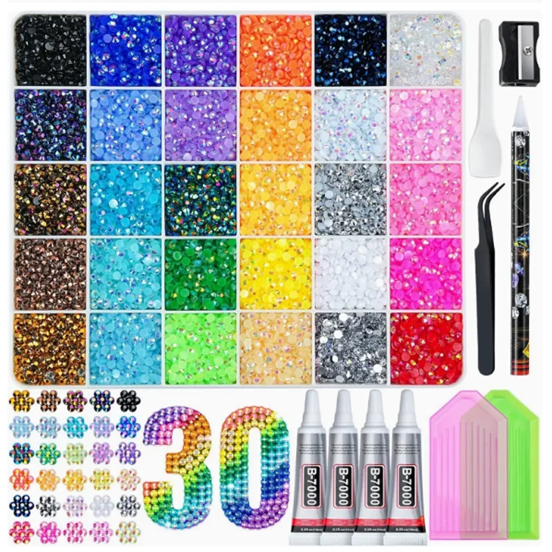 Colorful DIY Resin Rhinestone Kit Multicolor 3mm Flatback Gems with Tools and Glue for Nail Art Clothing Shoes Phone Case Crafts