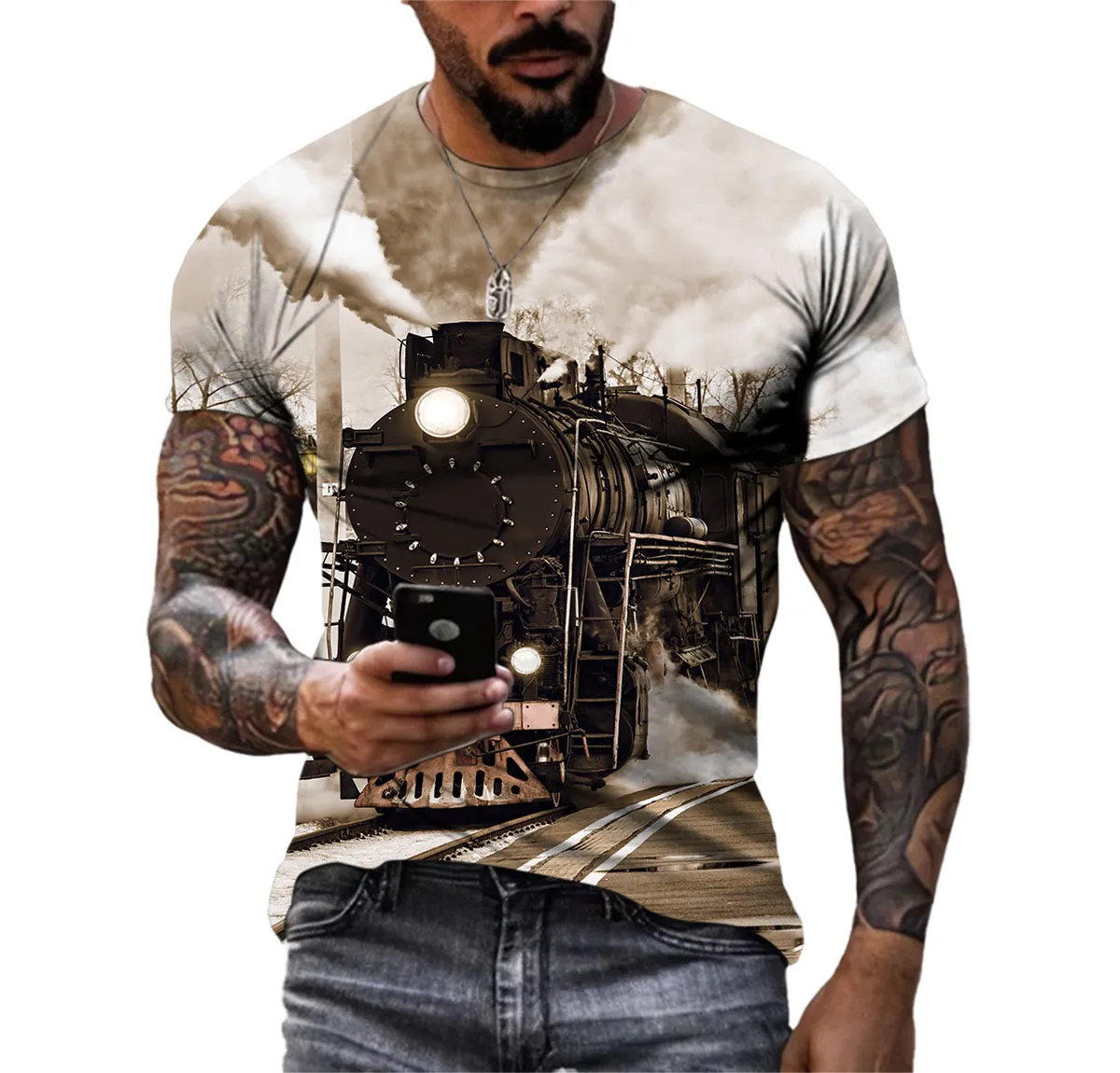 Men\'s HD T-shirt Summer Classic Retro Steam Train Nostalgic Comfortable Short Sleeve Trend Personality Quick Dry Crew-neck Shirt