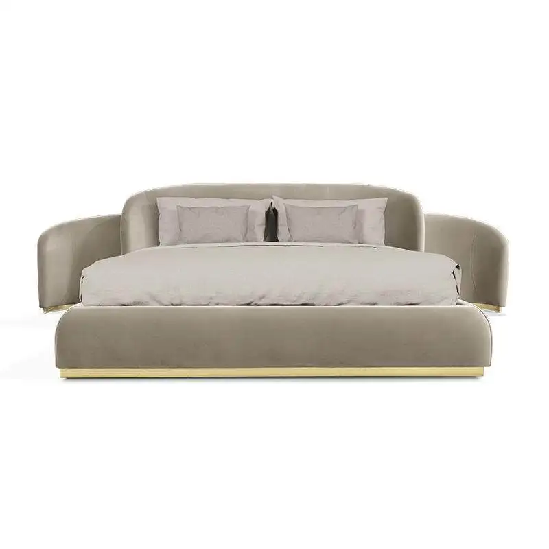 *Luxury King Size Bed with Fabric Wide Headboard - Gold Stainless Steel, Storage - Packed Bedroom Furniture Set