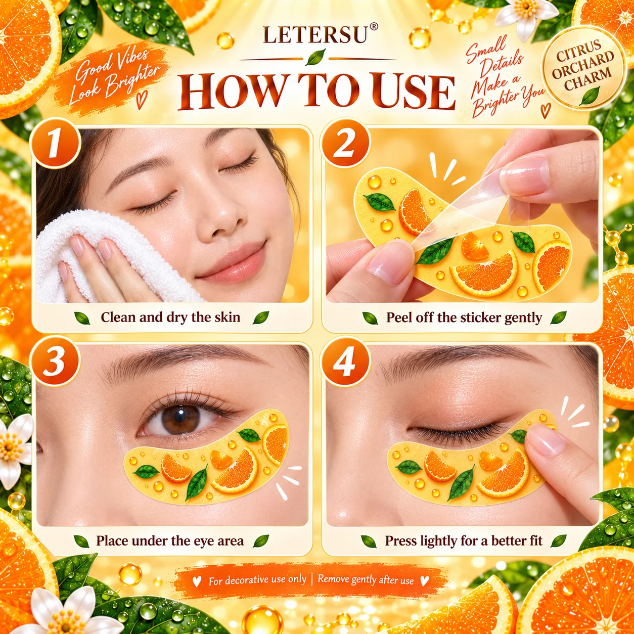4PCS Orange Print Under Eye Stickers, Cute Fruit Eye Patches, Summer Face Makeup Accessories for Women, Beach Party Festival Pho