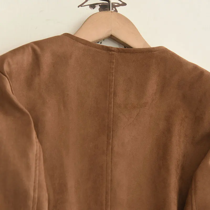 2025年秋向けレトロラウンドネスリムスエードジャケット、レディースファッショナブルショルダーレングススリーブロングアウターコート