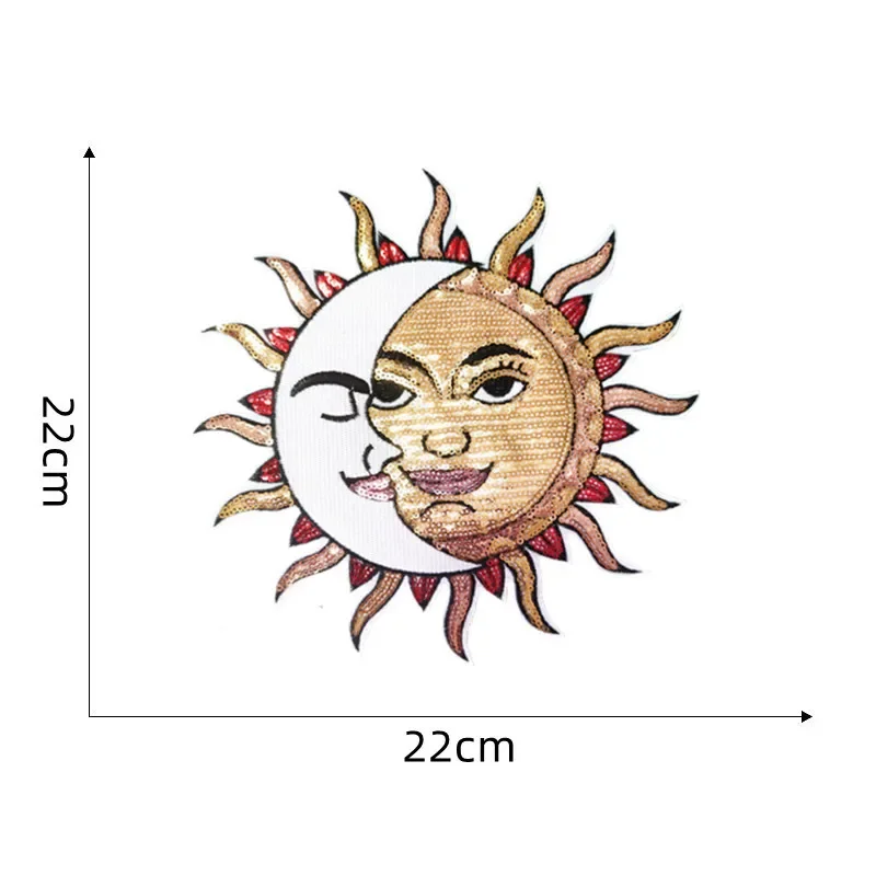 Large Patches Iron on Sun Moon Face Bead Embroidery Iron on Patch Big Patches for Jackets Cartoon Iron Patches Sequin Appliques