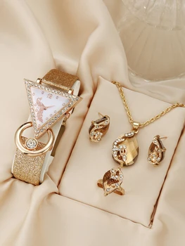 שעון חגורת קוורץ ריינסטון יוקרתי לנשים + סט תכשיטים