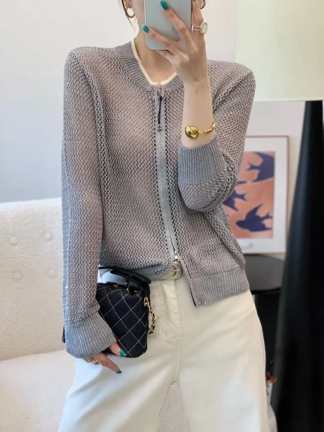 Casual Lace-Up Silk Knitted Open Cardigan Women Loose Sun Protection Air Conditioning Shirt Summer Thin Top Zipper round Neck...