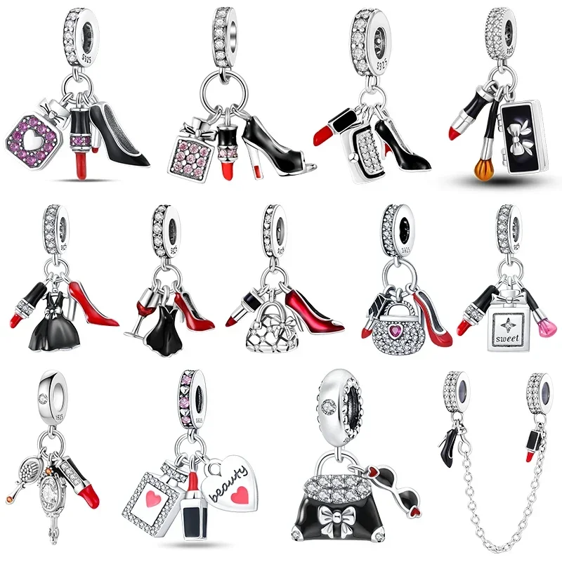 

925 Sterling Silver Fashion High Heels Lipstick Dress Perfume Bottle Life Series Charms Beads Fit Pandora Original Bracelets DIY