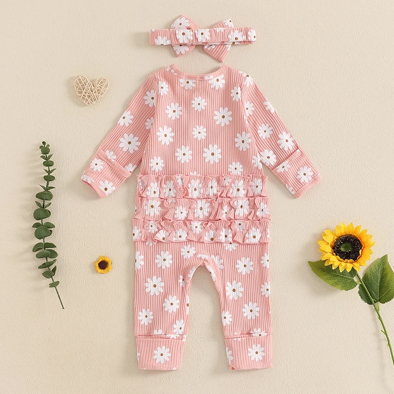 جمبسوت بكشكشة بطبعة زهور وأكمام طويلة مع عصابة رأس للفتيات حديثي الولادة ، ملابس أطفال ، ملابس خريفية ، من 0 إلى 6 أشهر ، 2