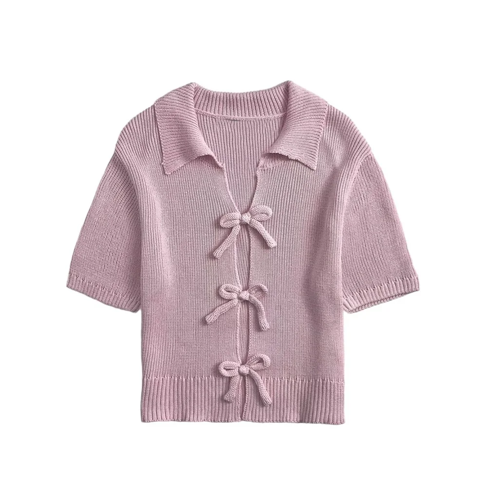 

UNIZERA Women's Bow Decoration Knitted Top Round Neck Short Sleeve Decoration Spring/Summer New Women's Clothing