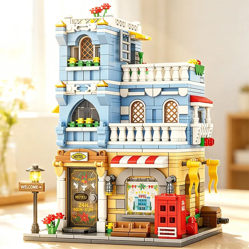 

City Building Blocks Street View Hotel Building Blocks Shop Model Desktop Decoration Children Toy Boy Girl Birthday Gift