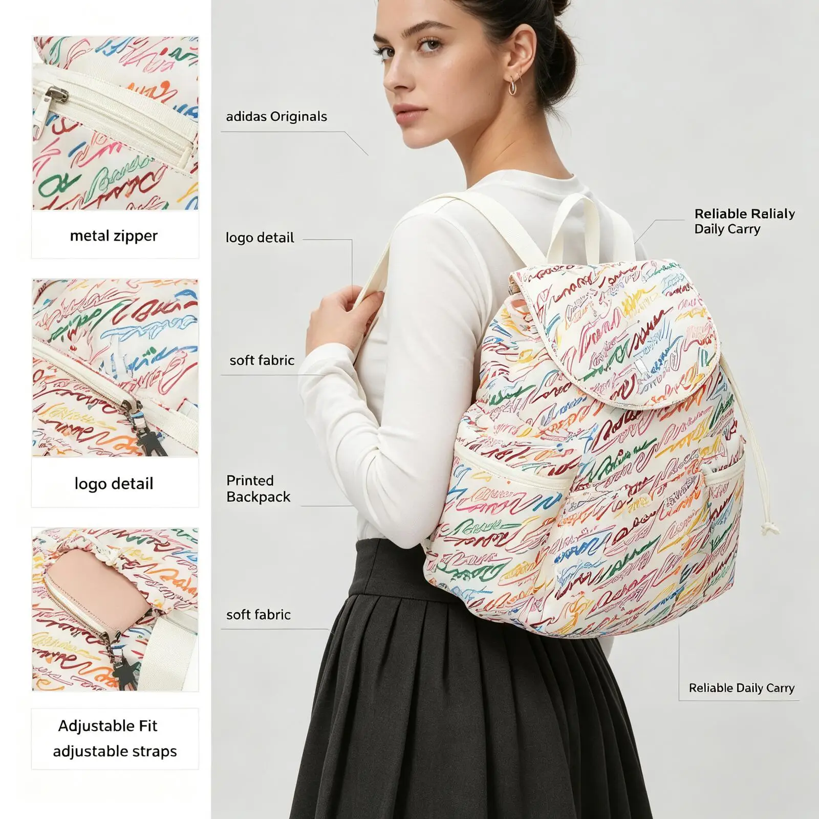 Adidas Graffiti Print Backpack Colorful Casual Daypack Classic Logo Front Pocket Adjustable Shoulder School Travel Rucksack