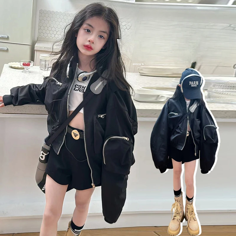 Girls Coat Spring and Autumn Coat 2024 New Fashion Girl Korean Casual Foreign Three-dimensional Cargo Black Jacket Fashion