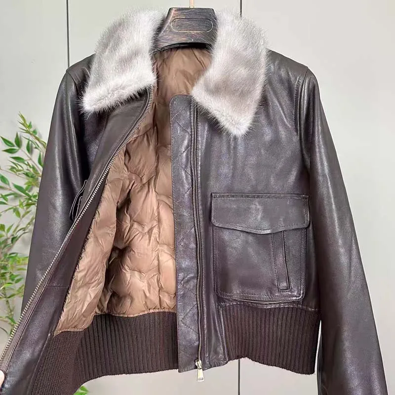 women coat winter new fashion short length lining is down jacket genuine leather Mink fur collar clothes thick warm