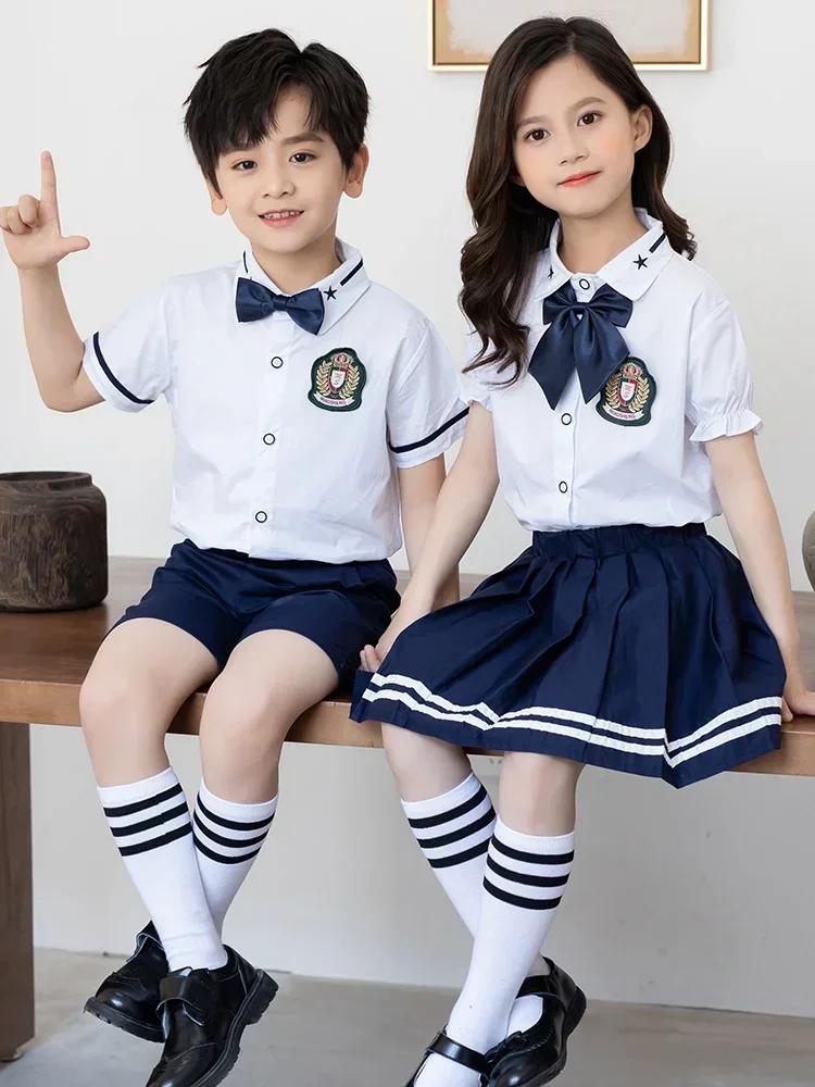 Kindergarten uniforms, summer attire, children\'s style, new class uniforms, navy skirt for school uniforms, English style,