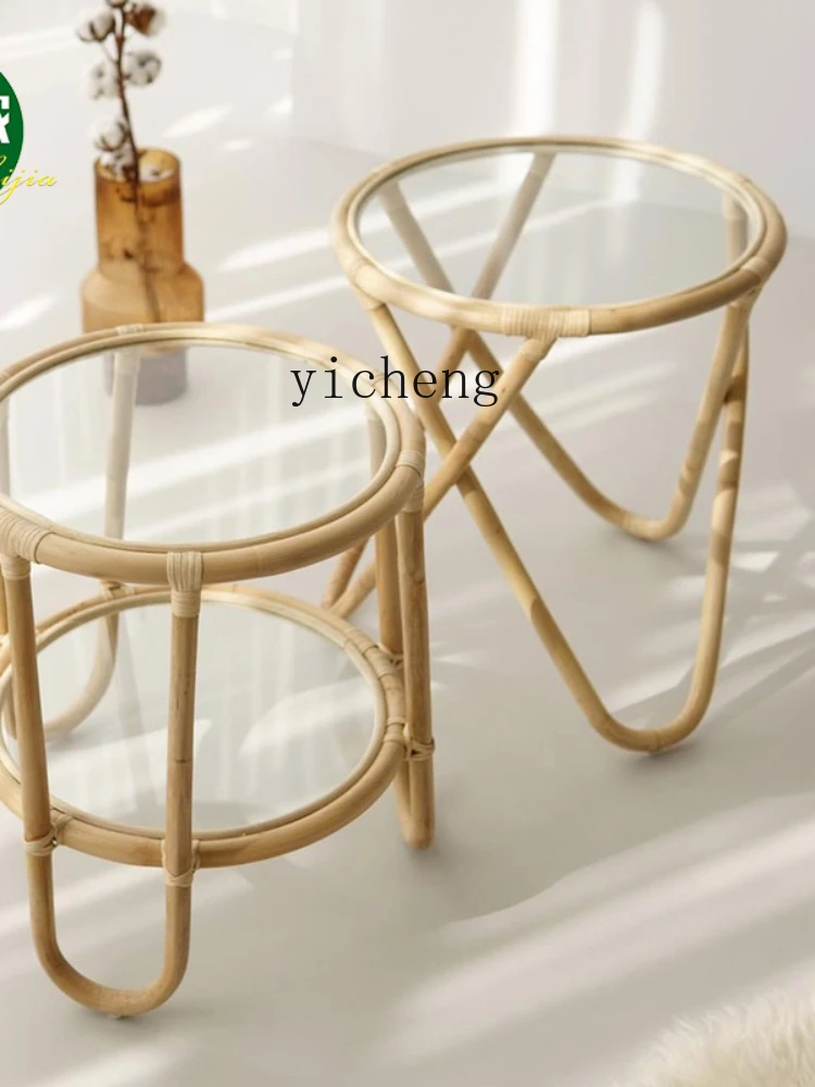 XL Rattan Small Coffee Table Storage Corner Table Side Table Creative Bedside Glass Small round Side Table