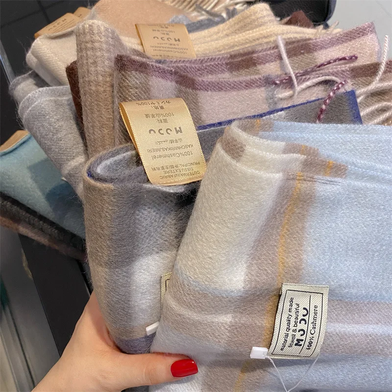 Luxury Long Plaid 100% Cashmere Scarf For Women Warm Neck Wrap Autumn Winter Birthday Present Gift For Girlfriend Boyfriend