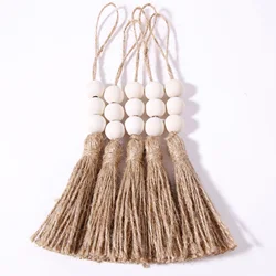 5pcs Jute Rope Tassels with 3 Wood Beads Hemp Burlap Tassels for Curtain DIY Craft Christmas Tree Home Party Decorations