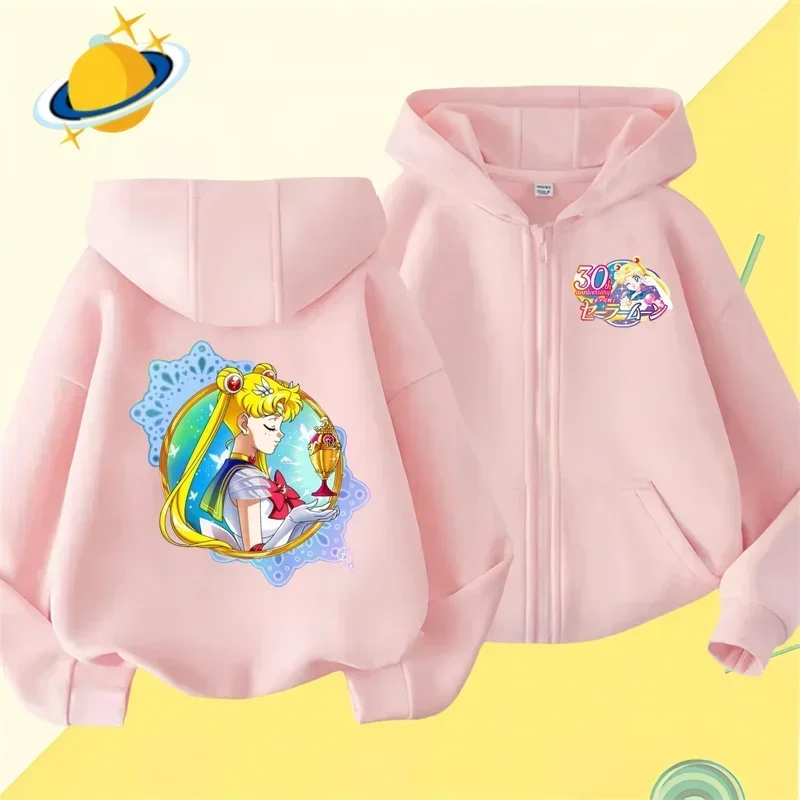 Anime Sailor Moon zipper hoodie for kids cartoon printed Fall/Winter long-sleeved sweatshirt casual girl Kawaii clothing