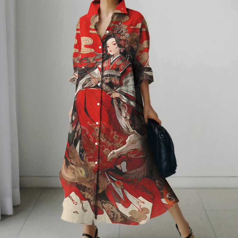 2024 New Japanese Portrait Print Autumn Long Sleeve Shirt Dress Street Fashion Single Breasted Long Skirt Loose And Comfortable