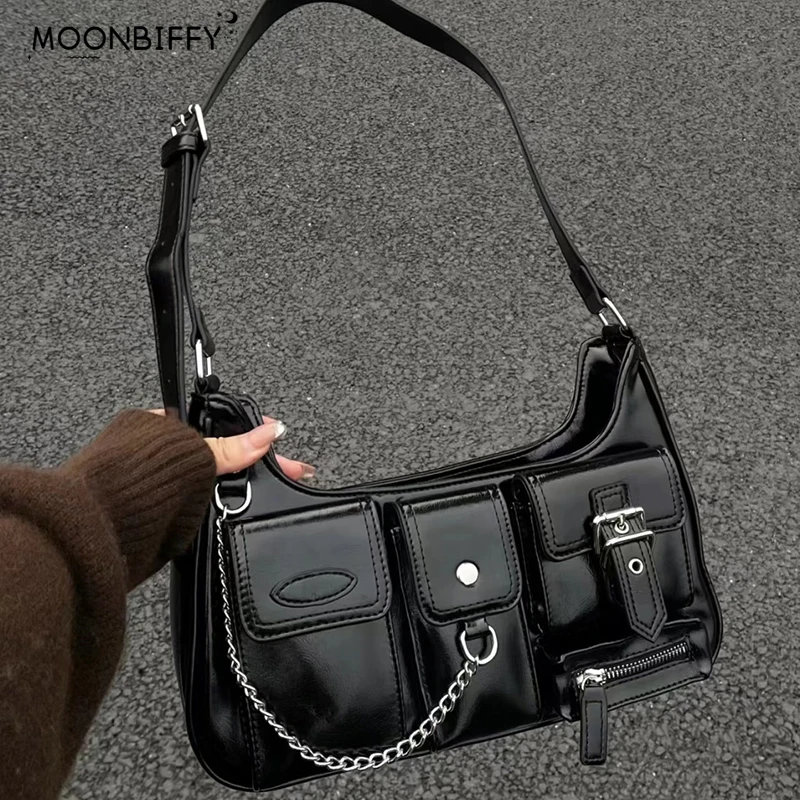 2023 Trend Y2K Leather Underarm Girl Shoulder Messenger Bag Luxury Designer Handbag Harajuku Goth Chain Bag Tote Bag