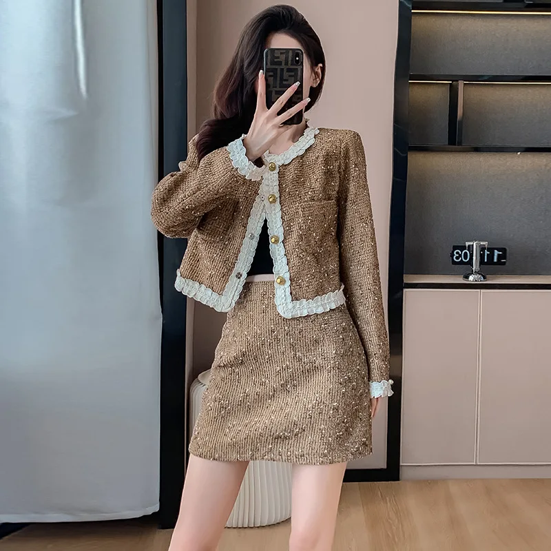 Twill Outward and Midi Dresses Two-piece Autumn Long Sleeve A-line High Waist Woman Clothing Sequins Solid French Vintage Dress