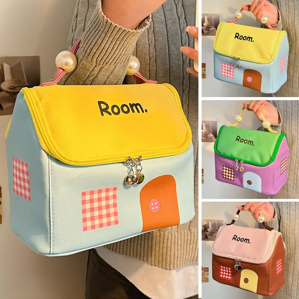 Portable Large Capacity Small House Shaped makeup bag Durable Oxford cloth Dopamine Color Travel Makeup Handbag