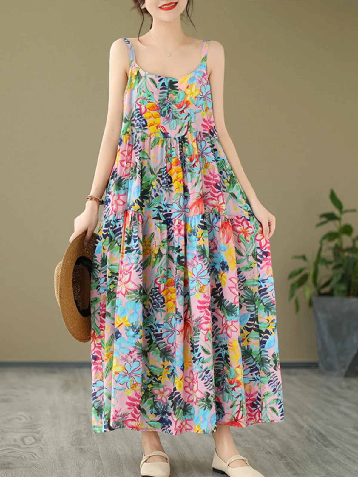 Luźna spódnica damska w kształcie litery A z bawełny i lnu, długa, z nadrukiem, z cienkiego materiału, idealna na lato, do pracy, bez szwów, z kwiatowym wzorem.