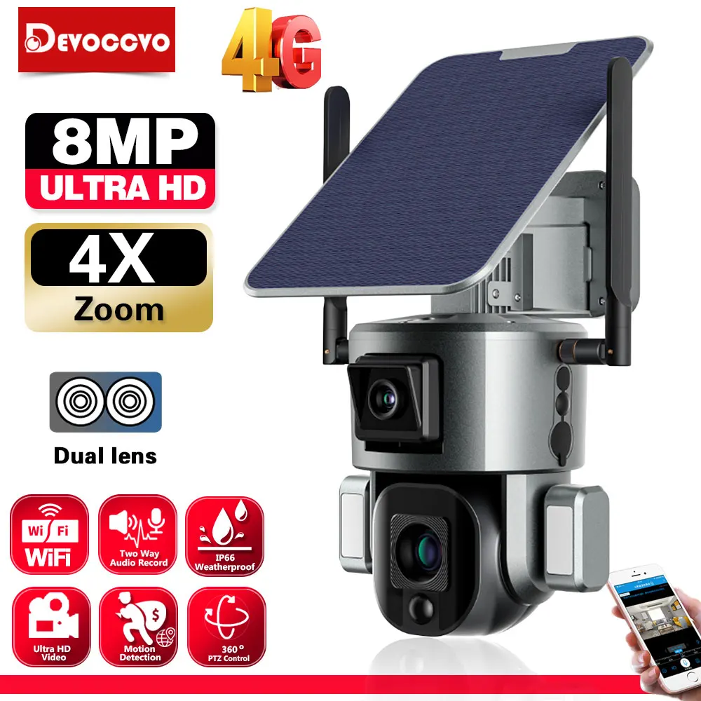 4K 4G Wireless Solar CCTV Surveillance Camera 8MP Dual Lens 4X Zoom With Solar Panel Auto Tracking Wifi PTZ Security Camera 8MP