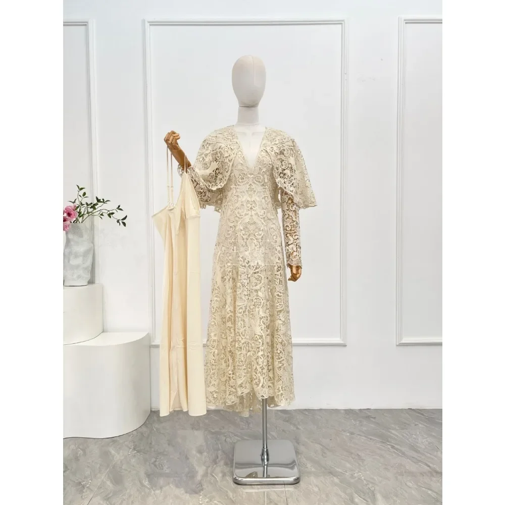 Cream Beige Lace Patchwork Long Sleeve Deep V Neck Midi Dress Top Quality As Picutre
