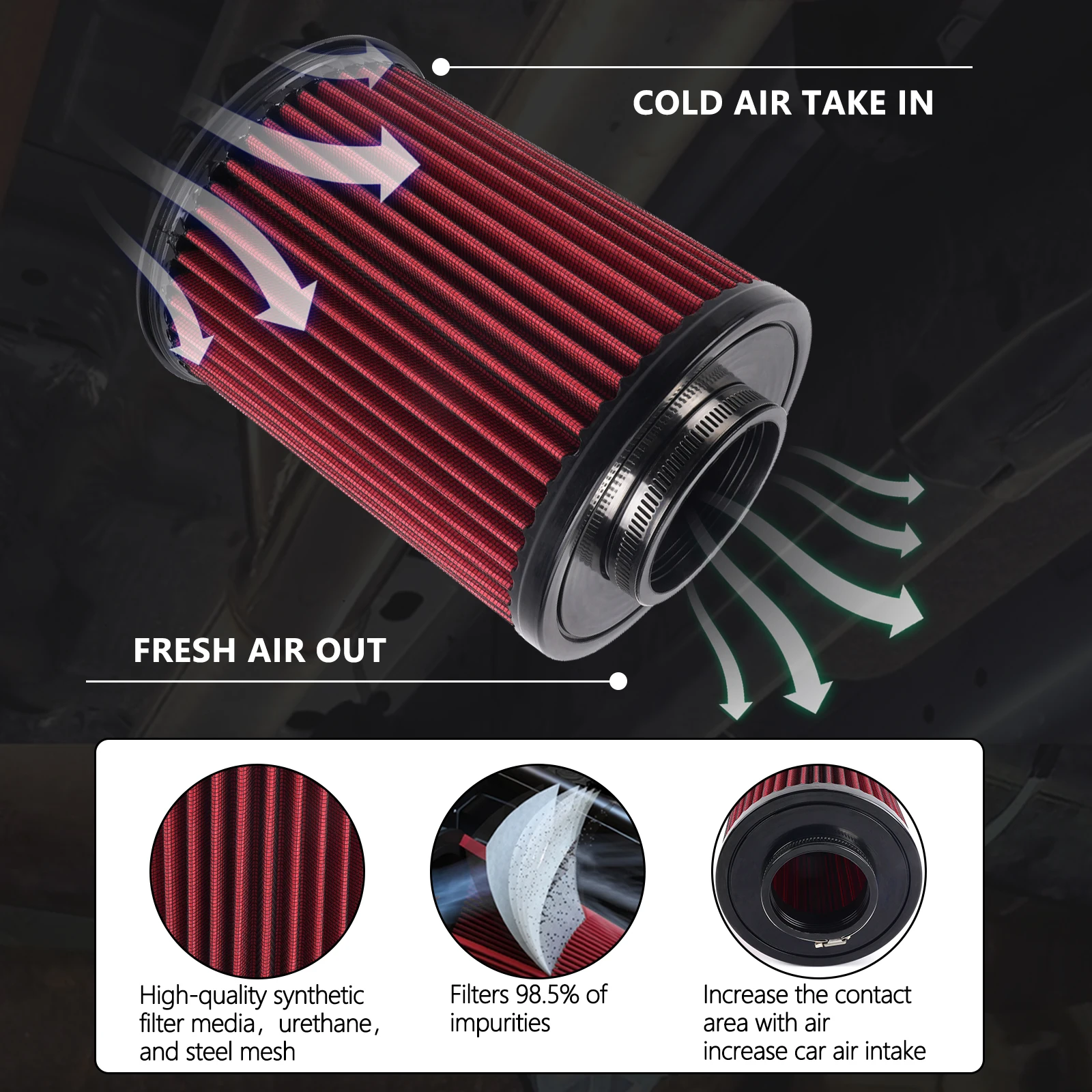 RASTP-70MM High Flow Car Air Intake Filter E-2993 Cold Air Intake Air Filter For Ford Focus Escape MKC RS-OFI106