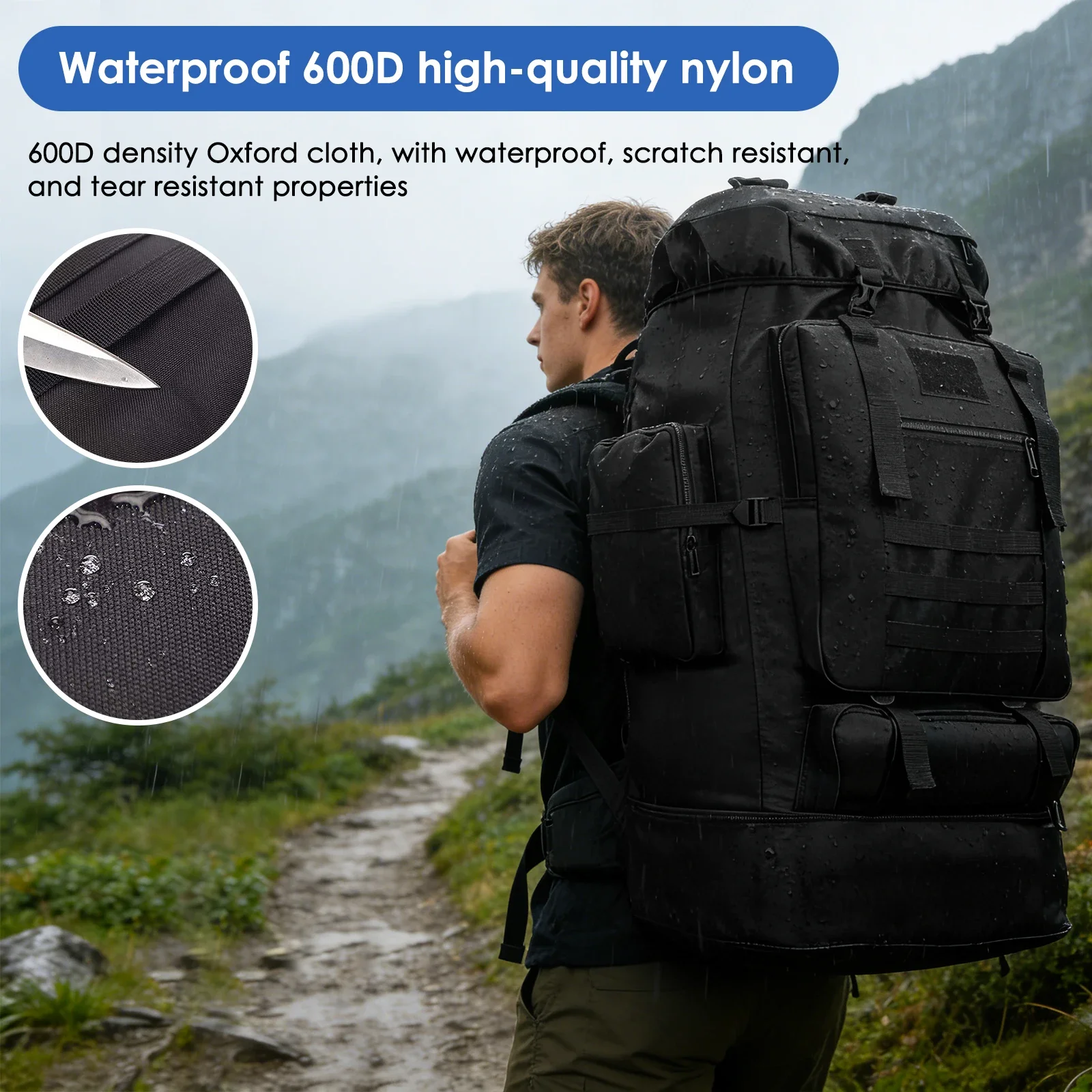 100L Erweiterbarer Wasserdichter Wanderrucksack Großer Outdoor-Sport-Reise-Tagesrucksack Taktischer Rucksack für Männer und Frauen – Detail 5