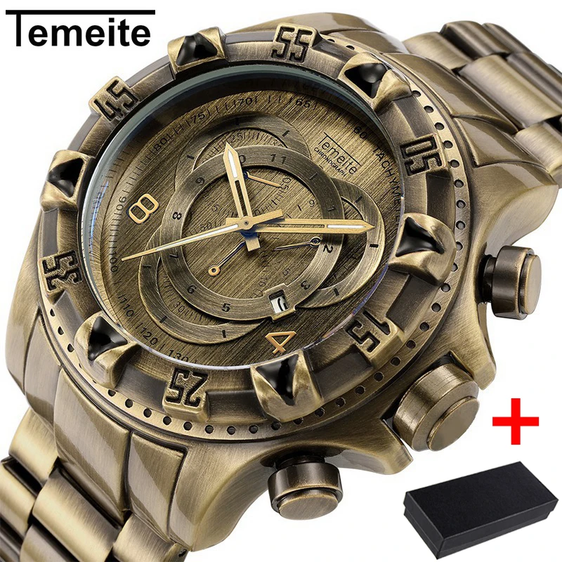 Temeite Retro Watch for men Luxury Brand Bronze Stainless Steel Quartz Sport Big Dial Male Wrist Watches Relogio Masculino
