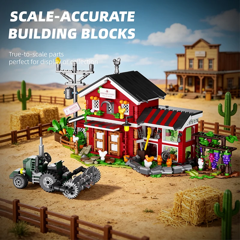 Western Farmhouse MOC Building Blocks Model Ranch Chicken Coop Classic City View Bricks Toys Adult Christmas Gifts Ornament