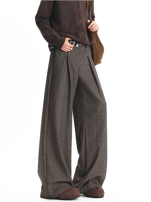 

American Plaid 3D Pleated West Pants Men Women Spring Autumn Loose Drapey Casual Long Trousers Youth Faion Polyester Fiber