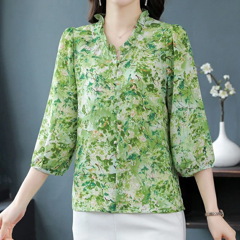 Chemise à imprimé floral à volants pour dames, pull décontracté, chemisier de tempérament, mode élégante, été, nouveau, 3/4