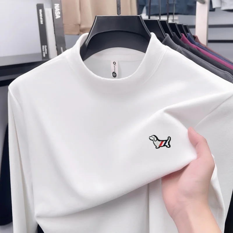 High end velvet long sleeve T-shirt men's fashion brand cute dog embroidery Korean version casual autumn winter warm  pullover