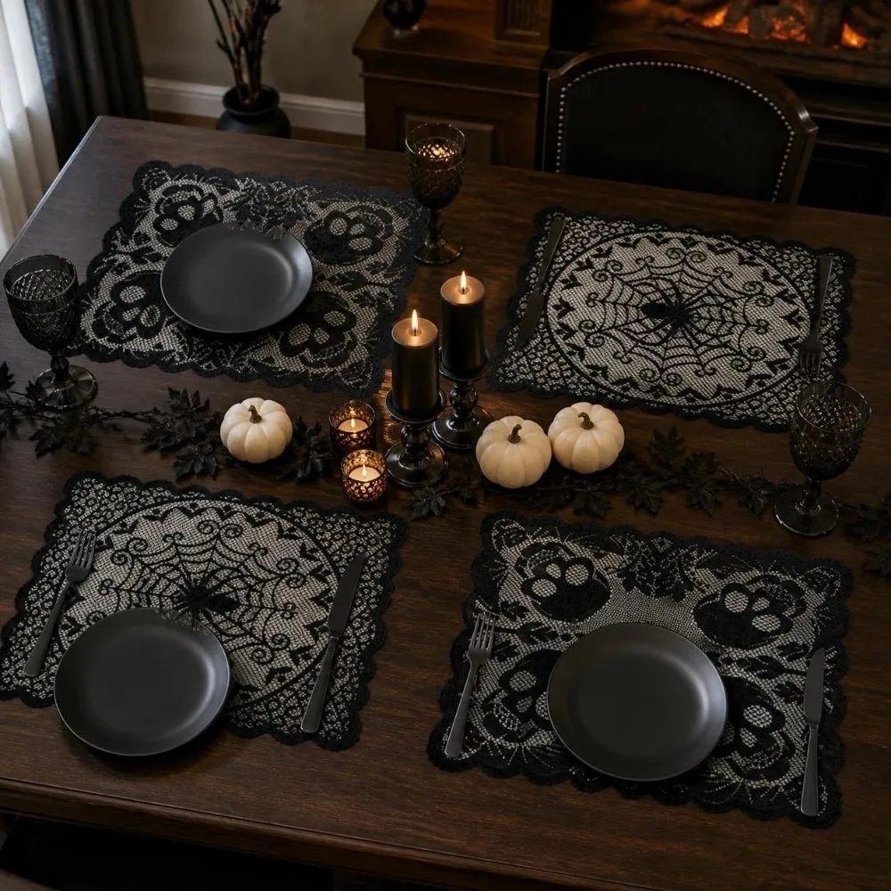 Gothic Style Halloween Placemats Skeleton Bat Decoration Table Napkins Spider Web Coaster Dining Mat Kitchen Dining