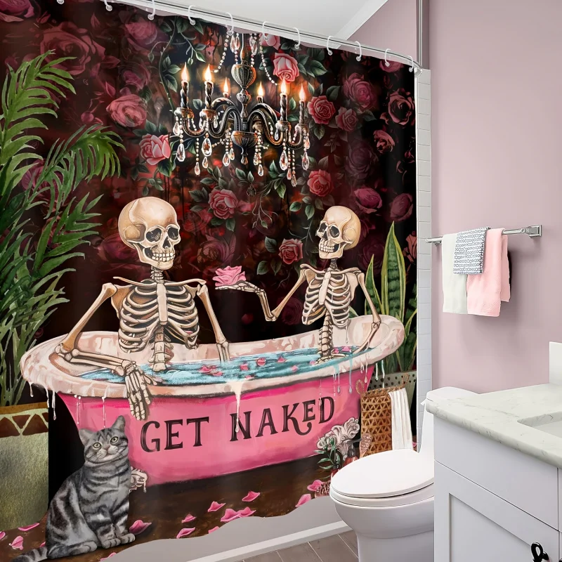 Gothic Skeleton Shower Curtain with Funny Get Naked Design, Vintage Rose Floral & Cat, Spooky Halloween Horror Theme, Water-Resi