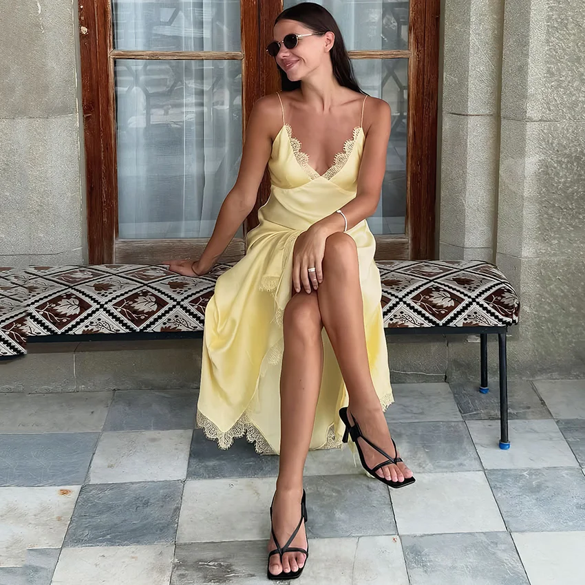 리나드 섹시 하이웨이스트 슬릿 롱 드레스 우아한 핑크 레이스 스파게티 스트랩 드레스 여성 스트리트 시크 새틴 슬림 드레스 2025 가을