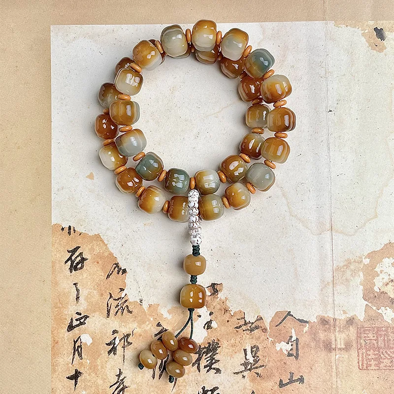Natural Bodhi Root Dunhuang Persimmon Chinese Style Bracelet Double Circle Buddha Bead Men and Women's Hand String Rosary Beads