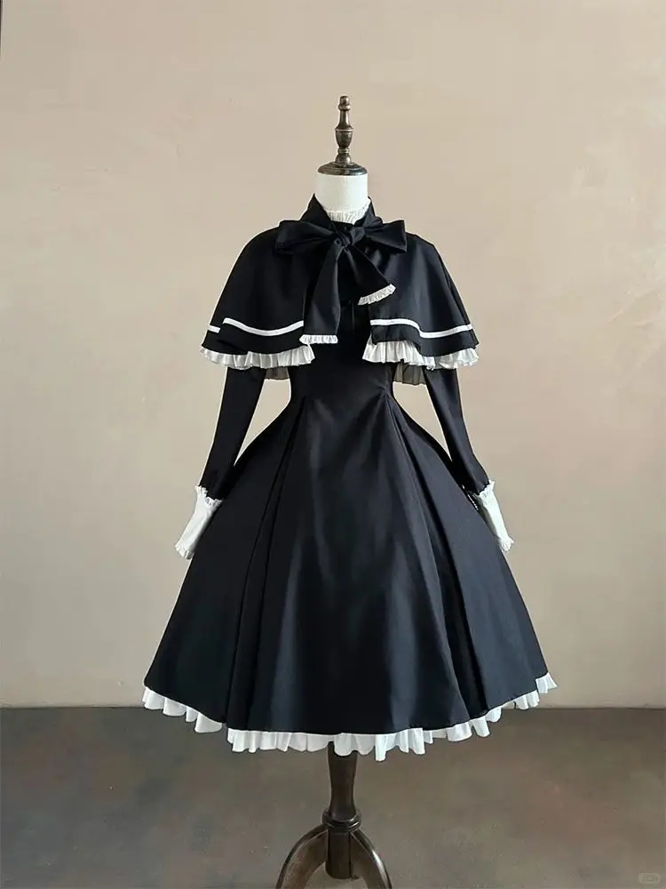 Gothic Vintage Lolita Dress Set Petite Women Bow Ruffle Trim Contrast Stripe Cape Slim Fit Midi Dress Elegant Party Outfit