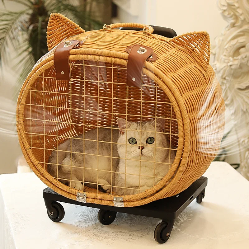 Imagem -03 - Portátil Rattan Carrinho de Gato Bolsa de Gato Case Respirável Suprimentos de Compras Carrinho de Estimação Saindo Produtos