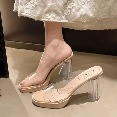Women's summer fashion transparent slippers - high-heeled flip-flops comfortable and casual slit peep-toe design - sexy slippers