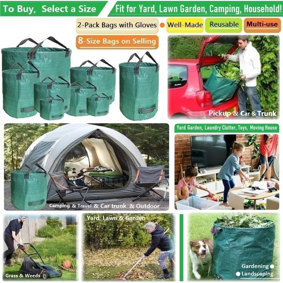 Стандартные 2 упаковки, 16 галлонов, садовые сумки для двора, лужайки, D18 H15 дюймов с садовыми перчатками для уборки на открытом воздухе, контейнер для мусора на патио, Ca