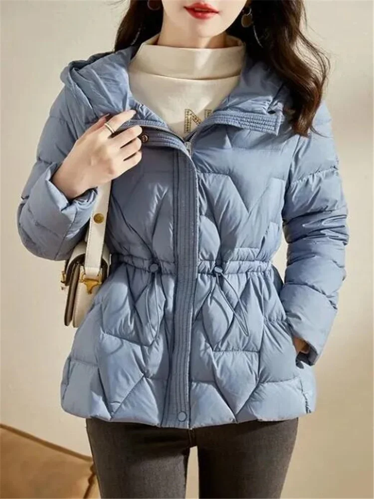 2023 New Winter Jackets Women Parkas Hooded Short Coat Female Parka Warm Waist Jacket Korean Loose Lace up Cotton Padded Outwear