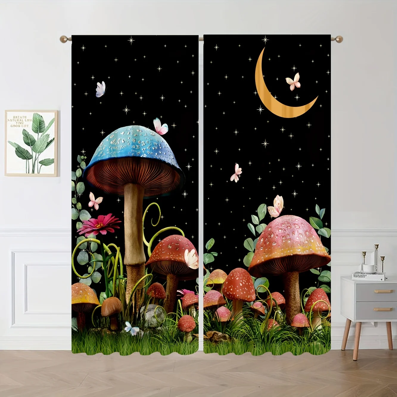 Mushroom Curtains Night Sky Stars Moon Window Drapes Fantasy Forest Art Boho Home Decor Whimsical Nature Living Room Curtain