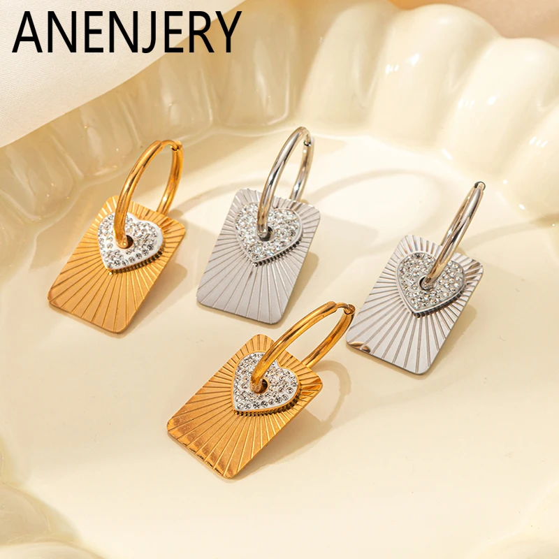 ANENJERY 316L Stainless Steel Heart Inlaid Zircon Square Slice Earrings for Women Temperament Creative Jewelry Wholesale