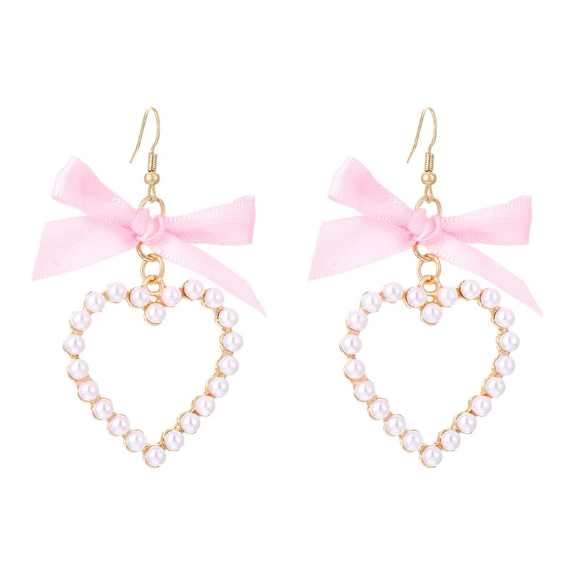 Fashion Sweet Love Heart Bowknot Pendant Hoop Earrings Harajuku Y2k Ribbon Bow Pearl Earings For Women Jewelry