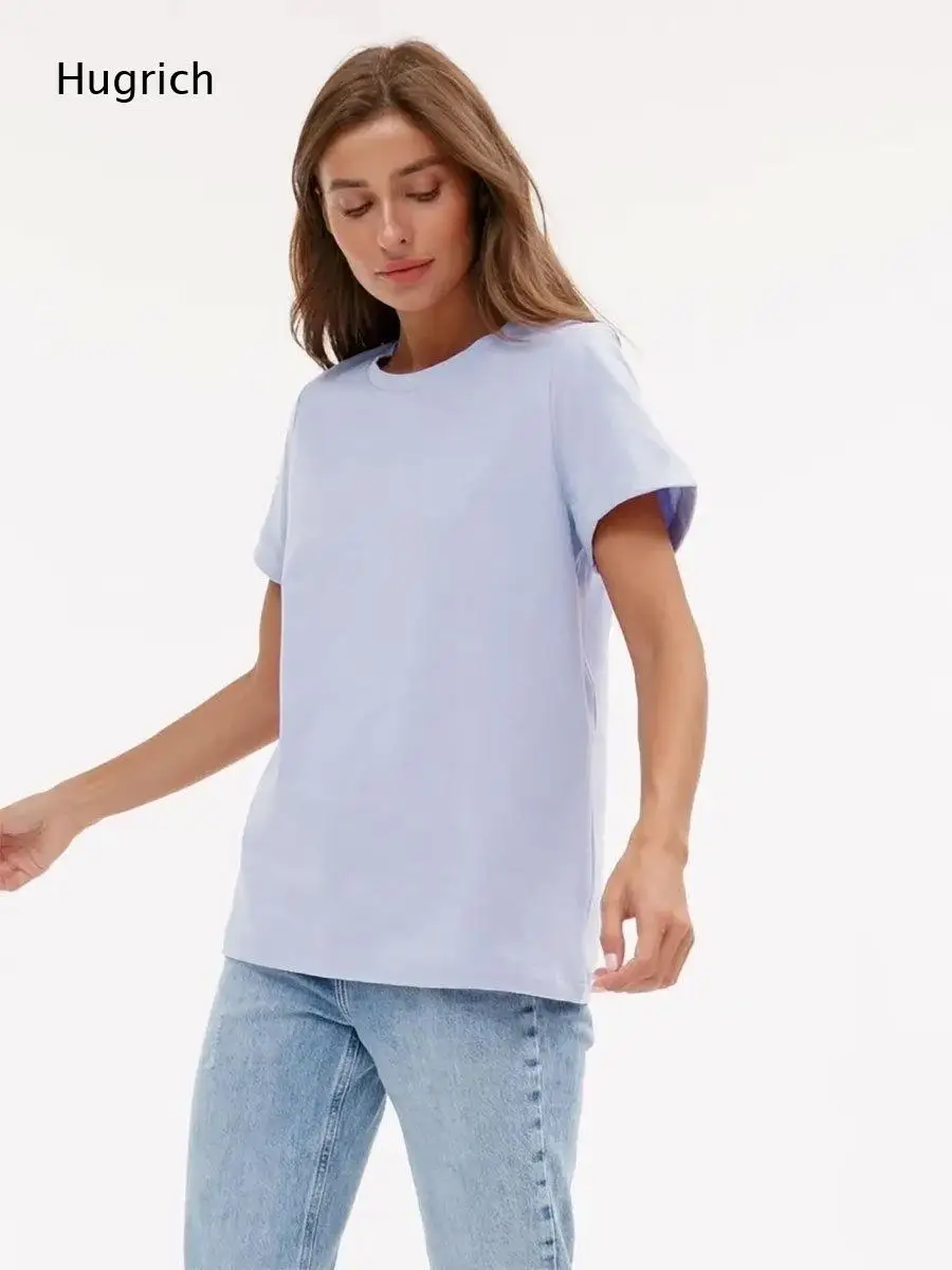 Solid Light Lavender Roll Cuff Short Sleeve Tee For Women Round Neck Relaxed Fit Soft Breathable Fabric Everyday Casual Shirt