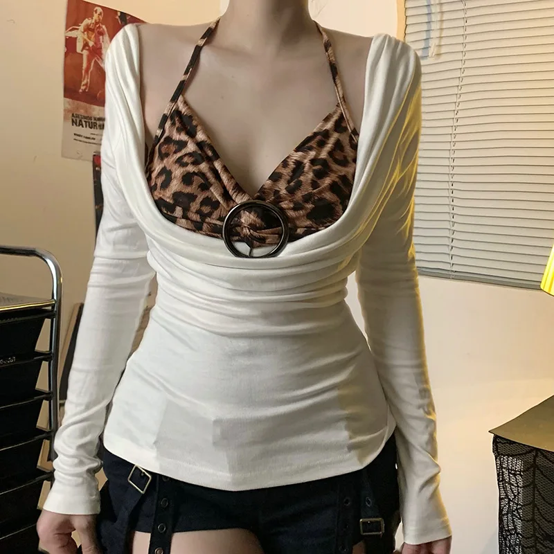

Europe and United States retro leopard print splicing fake two neck T-shirt women Y2K design sense pleated slim-fit halter top