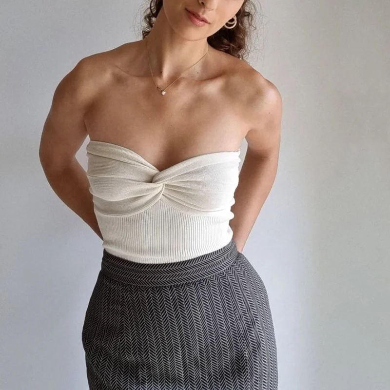 Summer Basic Backless Off Shoulder Crop Top Streetwear  Knit Tube Clothes Women Casual White Strapless Corset Tops Bustier 22474