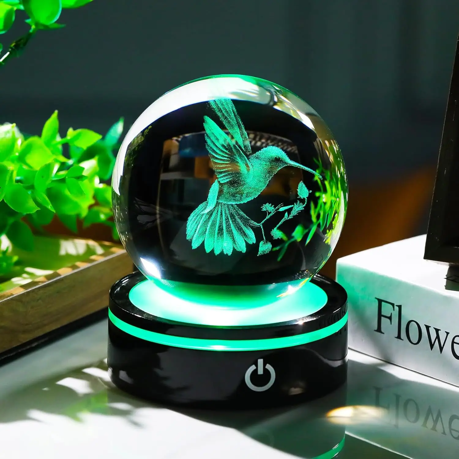 3D Crystal Ball Hummingbird Figurine with LED Base Gifts for Christmas Birthday Ornament Glass Decorative Ball for Home Decor